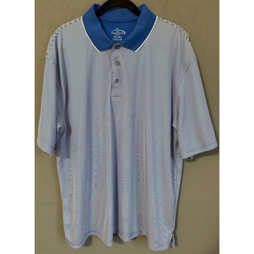 Champions Tour Golf Polo Shirt‎ Men XXL Blue Striped Short Sleeve Performance